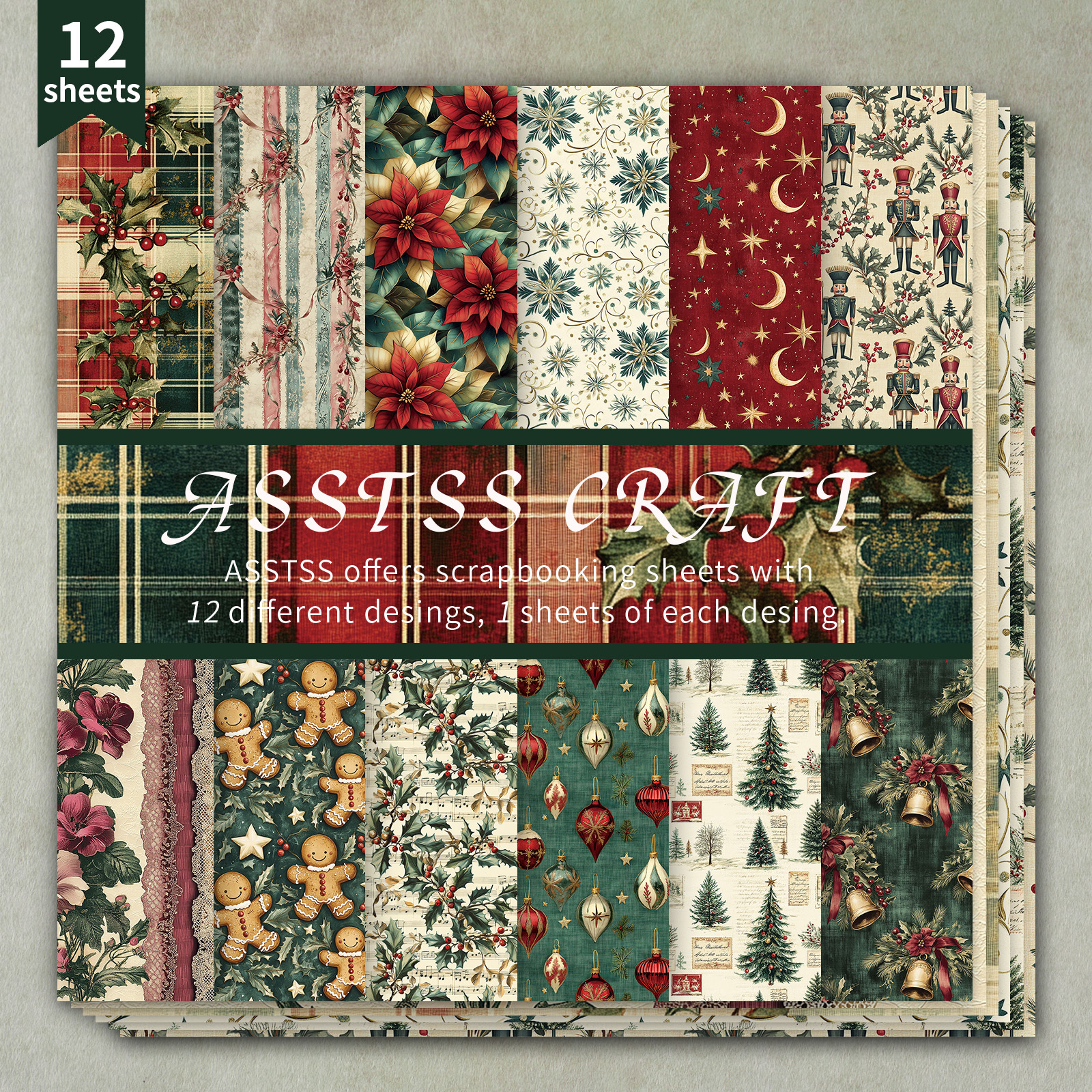 TEMU 12-sheet Asstss Scrapbooking Paper Pad, Vintage Christmas Backing Paper Supplies, Heavyweight Cardstock For Journaling, Collage Art, Greeting