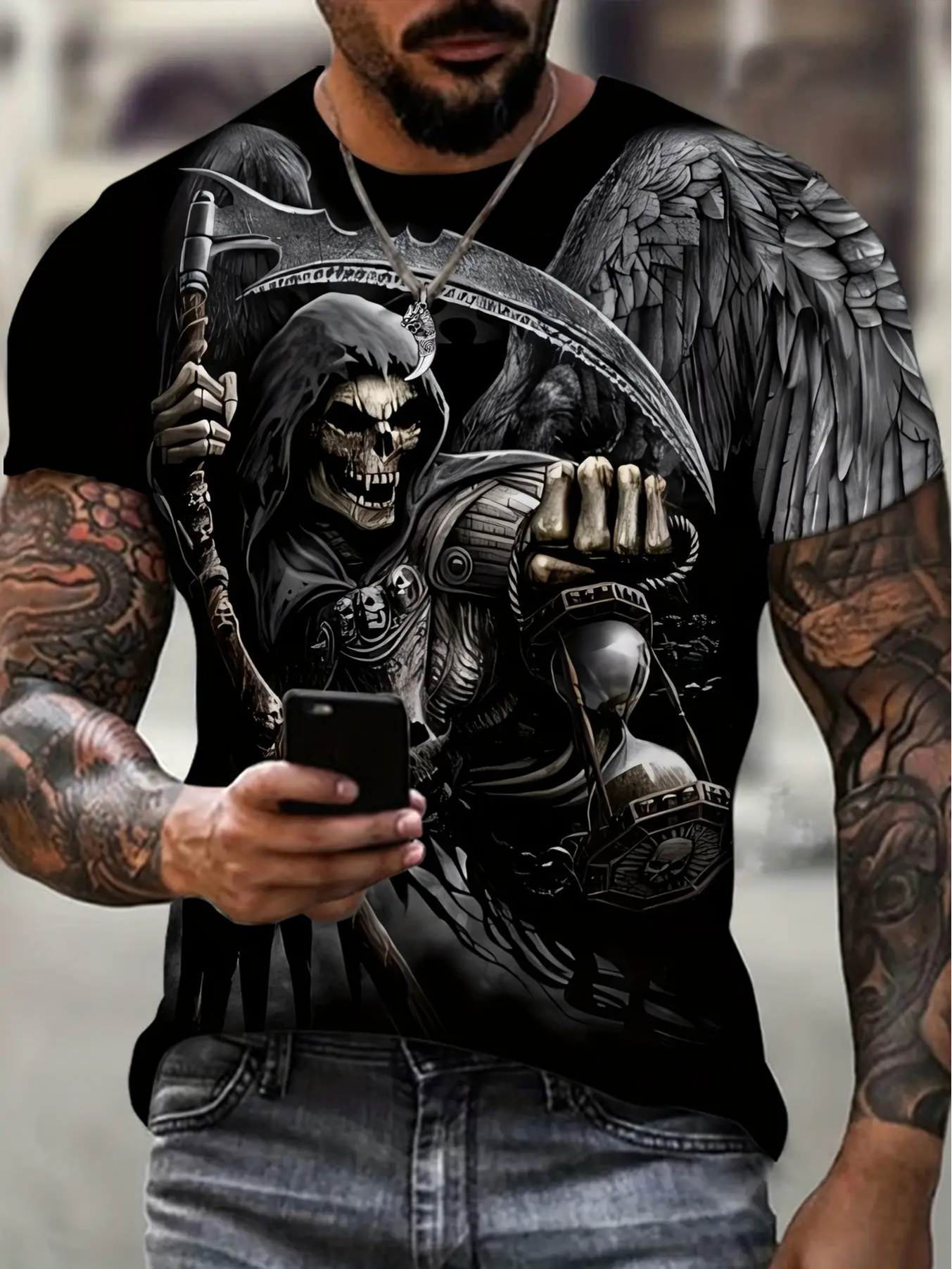 mens demon head print t shirt black round neck short sleeve casual summer tee intricate skull and   outdoor casual   catching casual attire