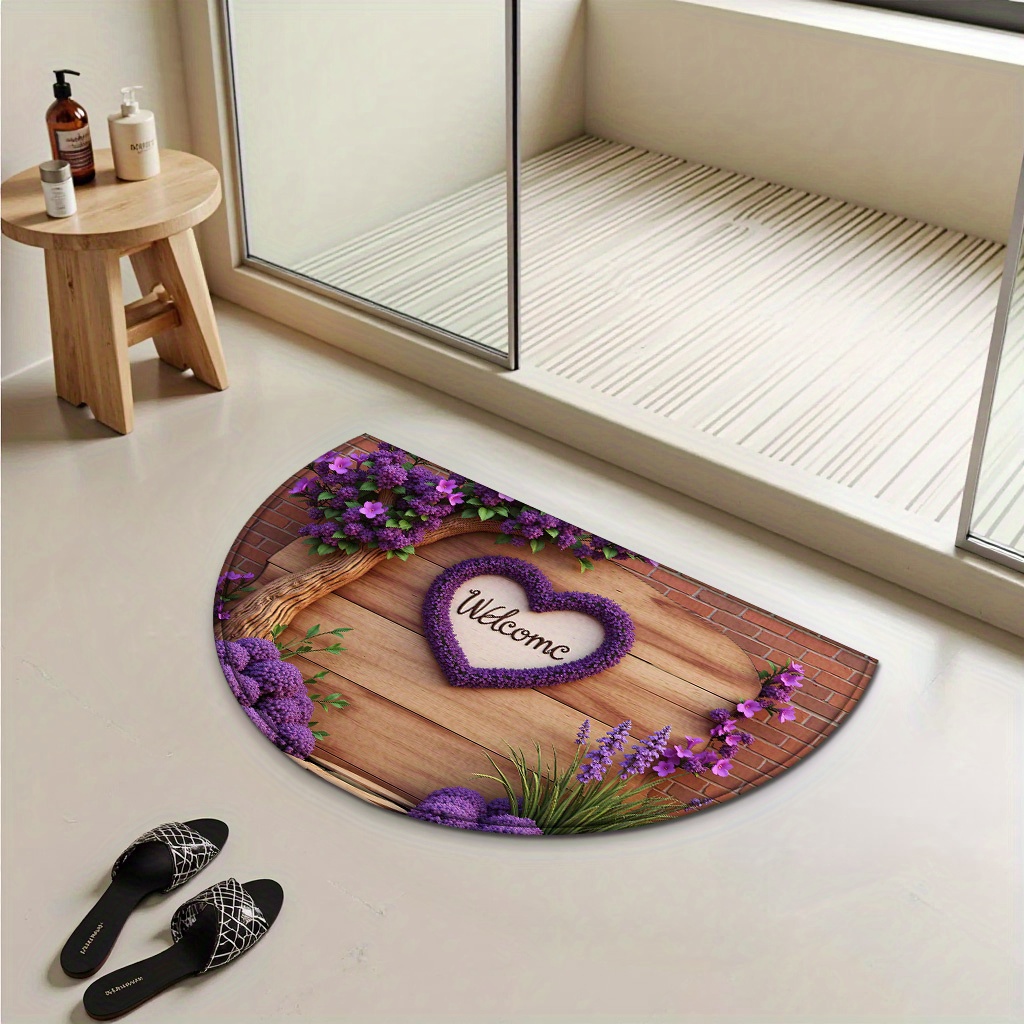 TEMU Welcome Mat Non-slip Door Mat - Purple Floral Print Heart With Welcome Lettering, Semi-circular Entryway Bathroom Room Outdoor Mat, Machine