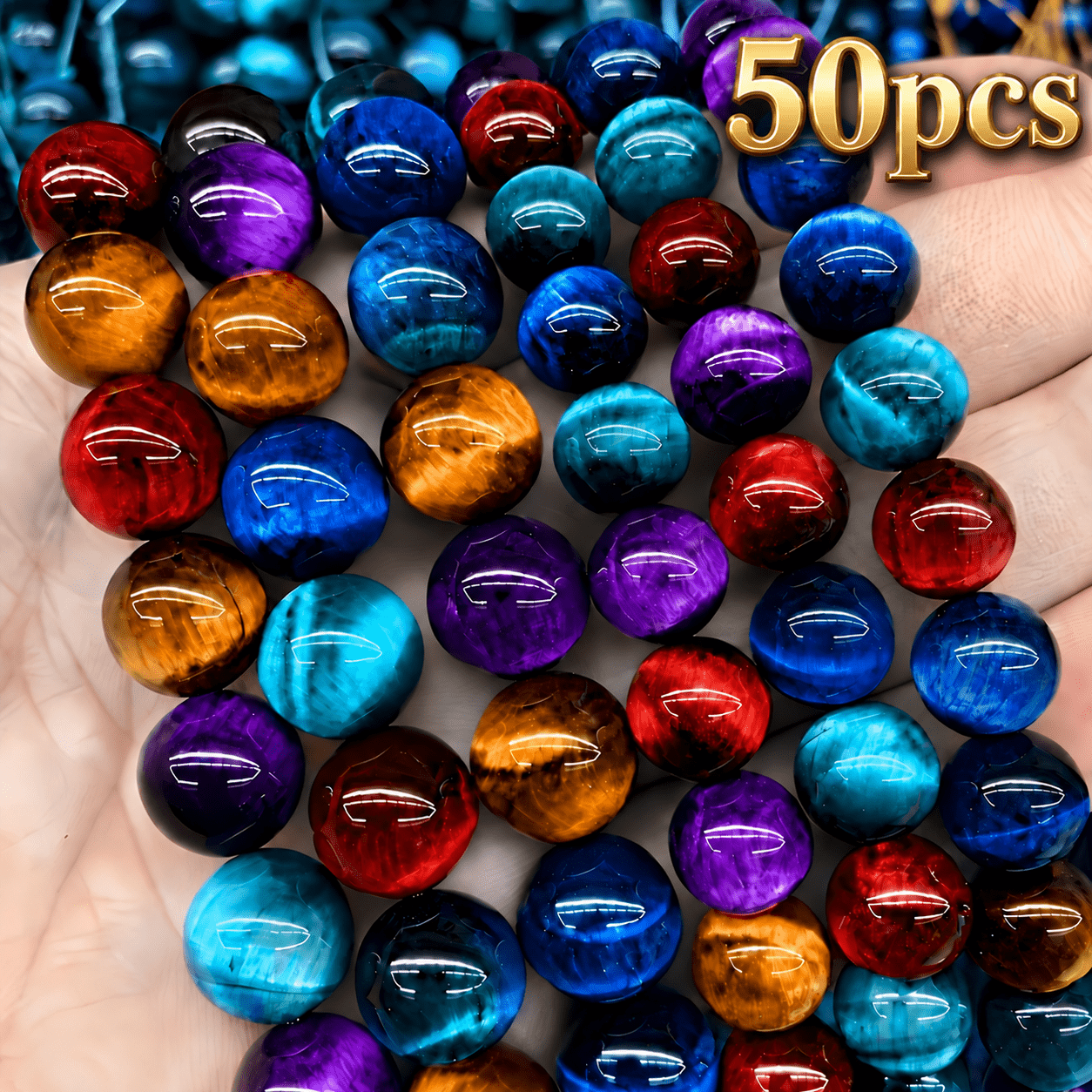 TEMU 50pcs Tiger Eye Round Beads, Glass Material Beads, 5 Colors Of Tiger Eye Beads Mixed Bracelet Necklace Bead Additions