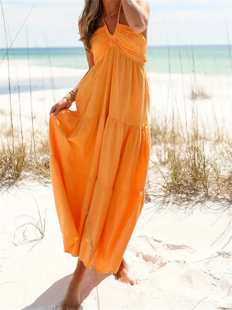 women sleeveless halter neck maxi dress backless ruffle - Temu women sleeveless halter neck maxi dress backless ruffle - Temu