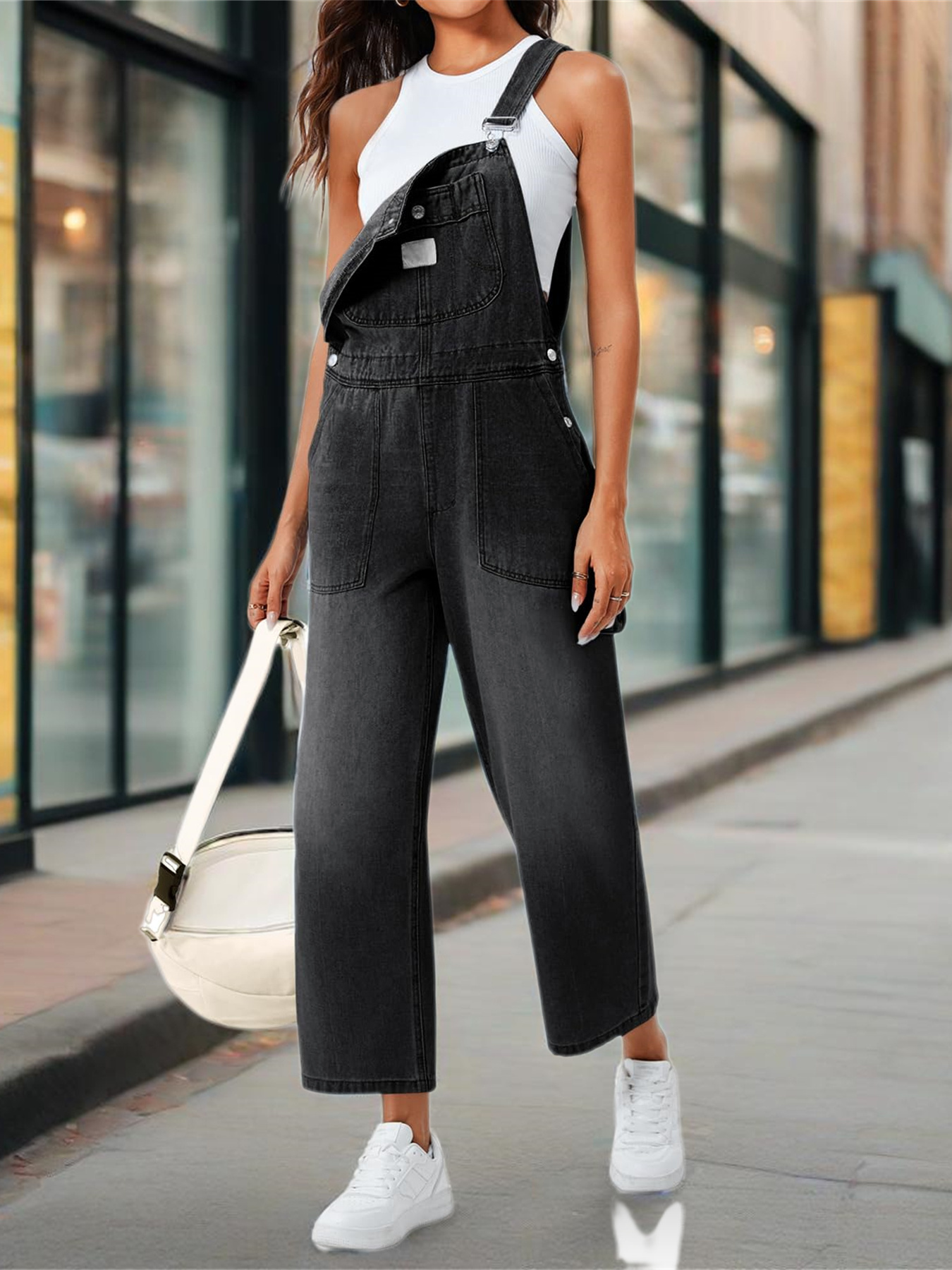 Womens Pants Jumper Pants Black Wide Leg Denim Boiler Suit Black - Main Image