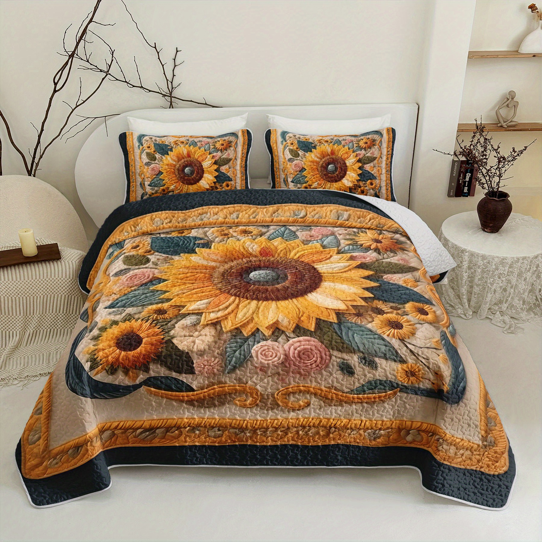 TEMU 3pcs Sunflower Floral Bedding Setsunflower Quilt Setbohemian Bedspread Setsvintage Bedroom Decor (1quilt+ 2pillowcase)