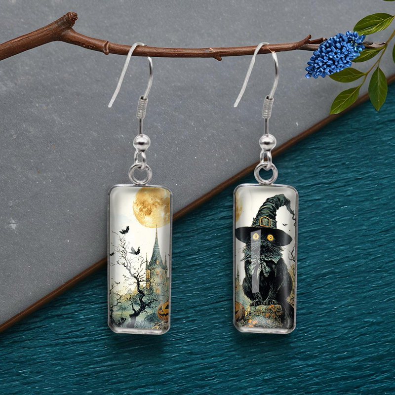 TEMU 1 Pair Gothic Black Cat & Castle Gothic Earrings - Handmade Glass Dome Dangle Earrings With Black Cat, Pumpkins, Bats, & Full Design - Spooky