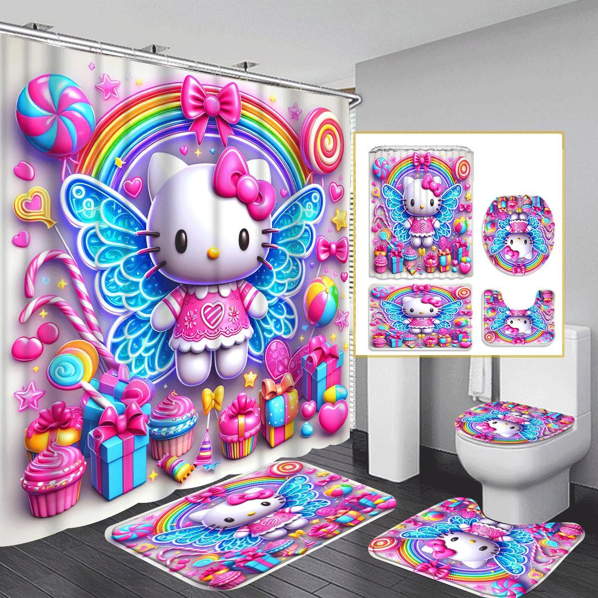 

Friendly Hello Kitty 1/ 4pcs Shower Curtain Set, Bathroom Decoration, Waterproof Fabric Shower Curtain Set With 12 Hooks, Non-slip Bathroom Rug, U-shaped Toilet Mat, Toilet Seat Cover, Gift