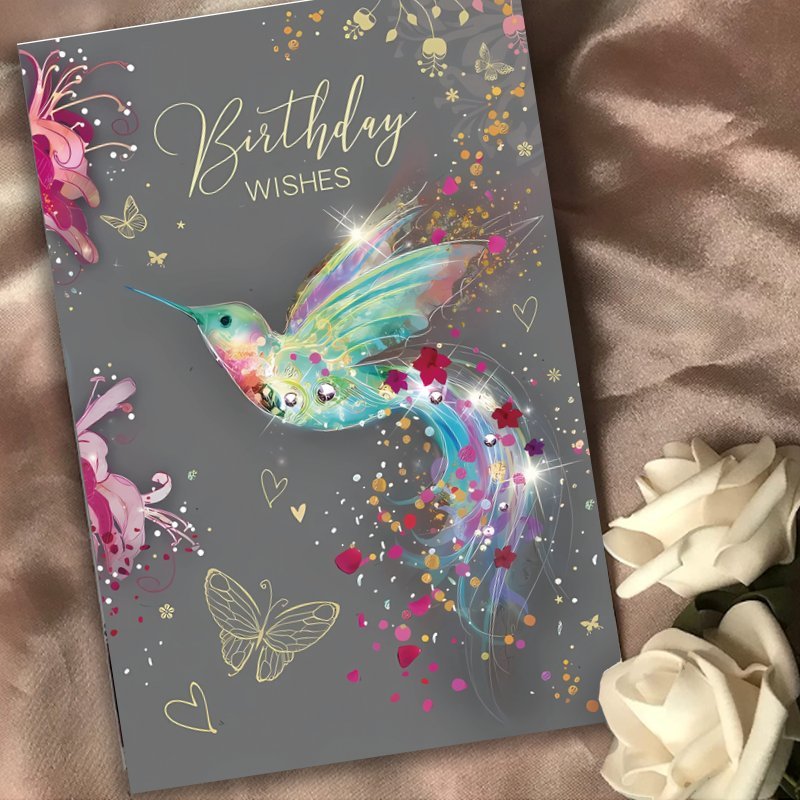TEMU A Gorgeous Hummingbird-themed Birthday Card With A Iridescent Hummingbird, Floral, And Illustration Featuring Lines On A Dark Gray Background.