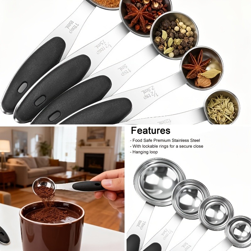 TEMU 5pcs Stainless Steel Measuring Cup And Spoon Set With Colorful Silicone Handles - Ideal For Cooking And Baking, Food-safe Kitchen Utensils,