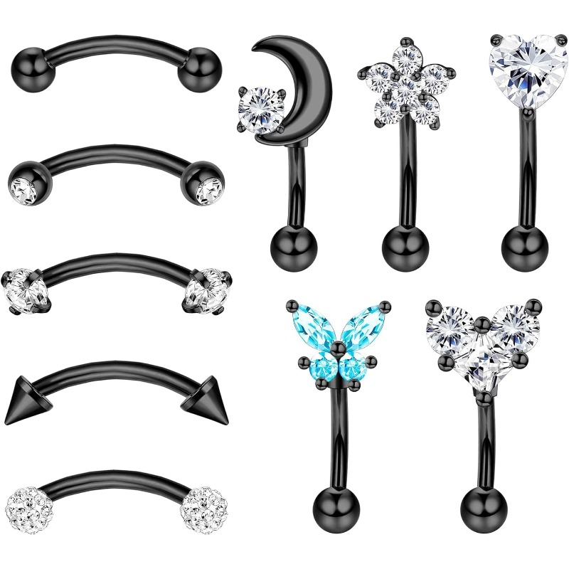 Image of 10pcs Rook Daith Earrings For Women Stainless Steel Belly Lip Ring Cartilage Tragus Cz Body Piercing Curved Barbell Eyebrow Rings Body Piercing Jewelry Set, Body Decoration