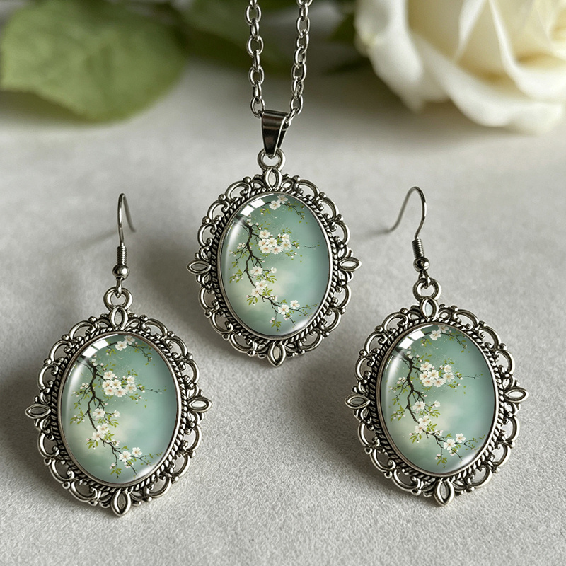 TEMU 3pcs Green Flower Branches, White Earrings Necklace Set Glass Men's Additions Gift