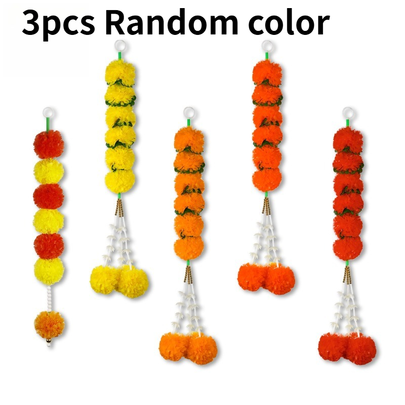 TEMU 3pcs Random Color Artificial Marigold Flower Garlands, Multicolor Hanging Floral Strings For Indian Festivals & Weddings