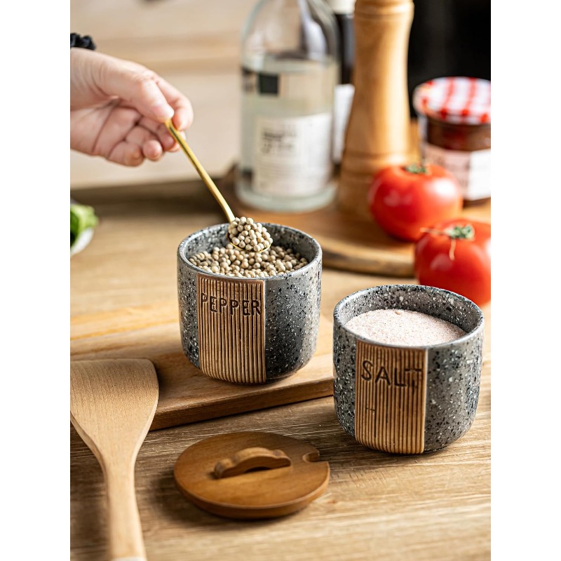 ceramic salt and pepper bowl set with marble like gray wood lid 10oz salt shaker container pepper grinder holder dishwasher rustic countertop organizer with spoons compatible with salt pepper cellar Product details 2