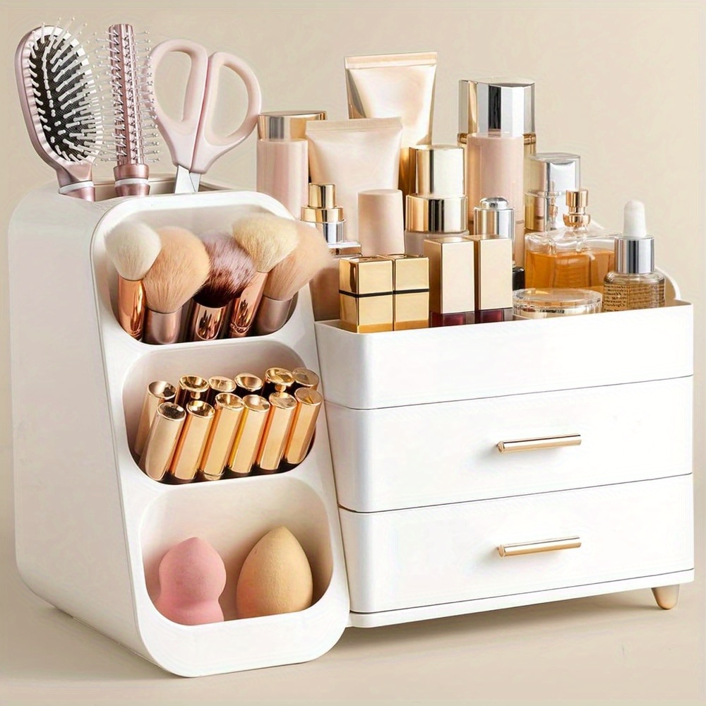 large plastic makeup organizer with brush holder all white vanity bathroom countertop storage for lipsticks nail polishes perfumes eyeshadow palettes durable easy to   saving design makeup vanity desk sleek construction durable storage solution