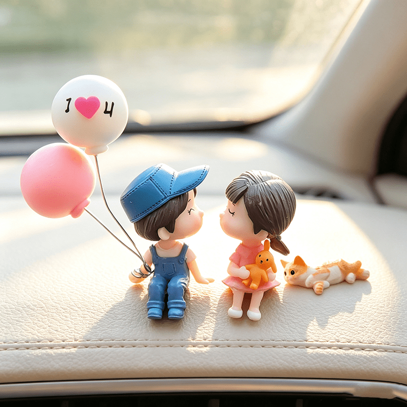 TEMU Ensemble de 1 lot de 3 pièces d'ornements de voiture en résine représentant un couple de chatons avec ballons, en résine solide mate. Convient