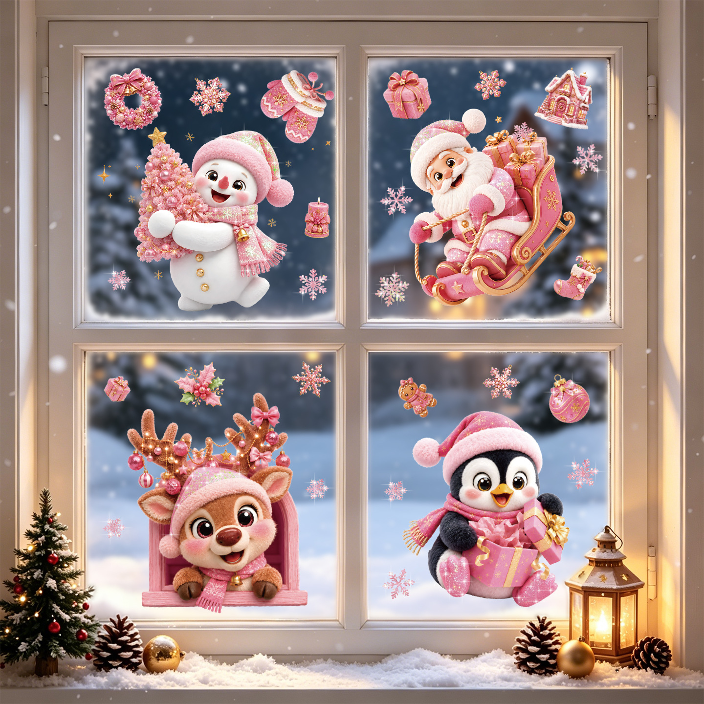 TEMU 4 Sheets Pink Glitter Christmas Static Window Clings - Santa, Sleigh, Reindeer And Snowflakes, Festive Decal Stickers For Shop