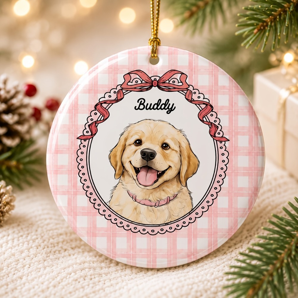 TEMU 1pc Personalized Pet Photo Name Ceramic Christmas Ornament, Multi-style Striped Bow Scalloped Picture Frame Portrait Pendant, Universal For Cats