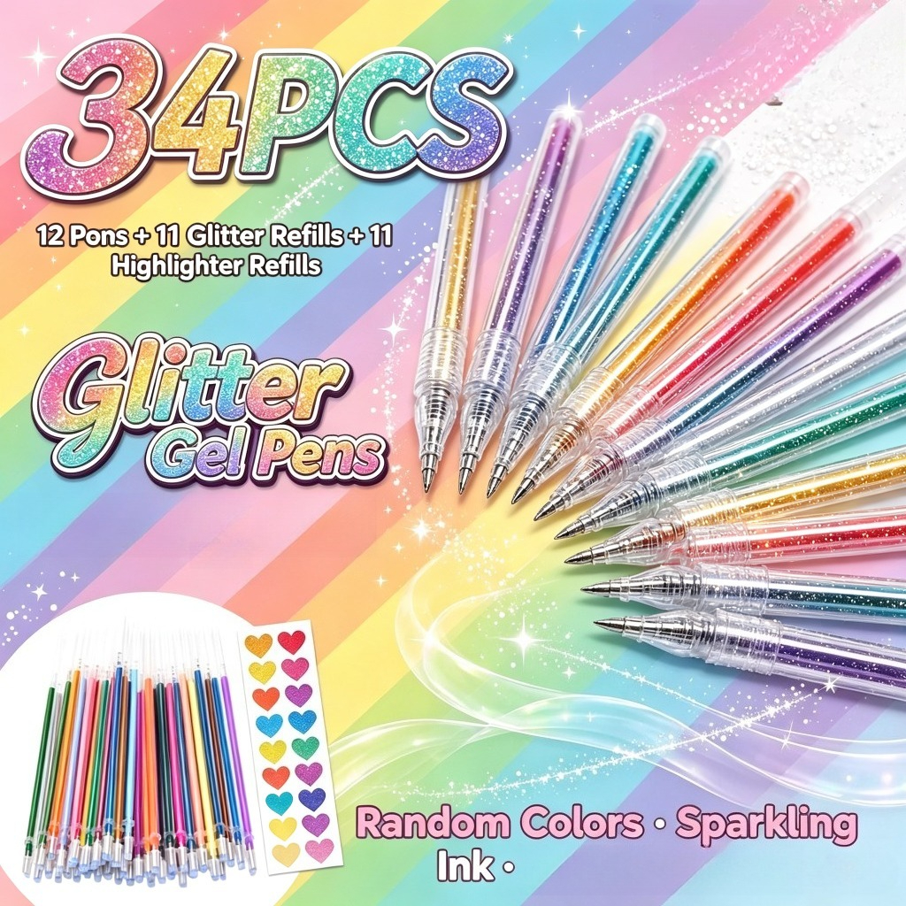 TEMU Lot de 34 stylos gel pailletés : 12 stylos + 11 recharges pailletées + 11 recharges fluorescentes, couleur aléatoire, sable mouvant, , , aurore,