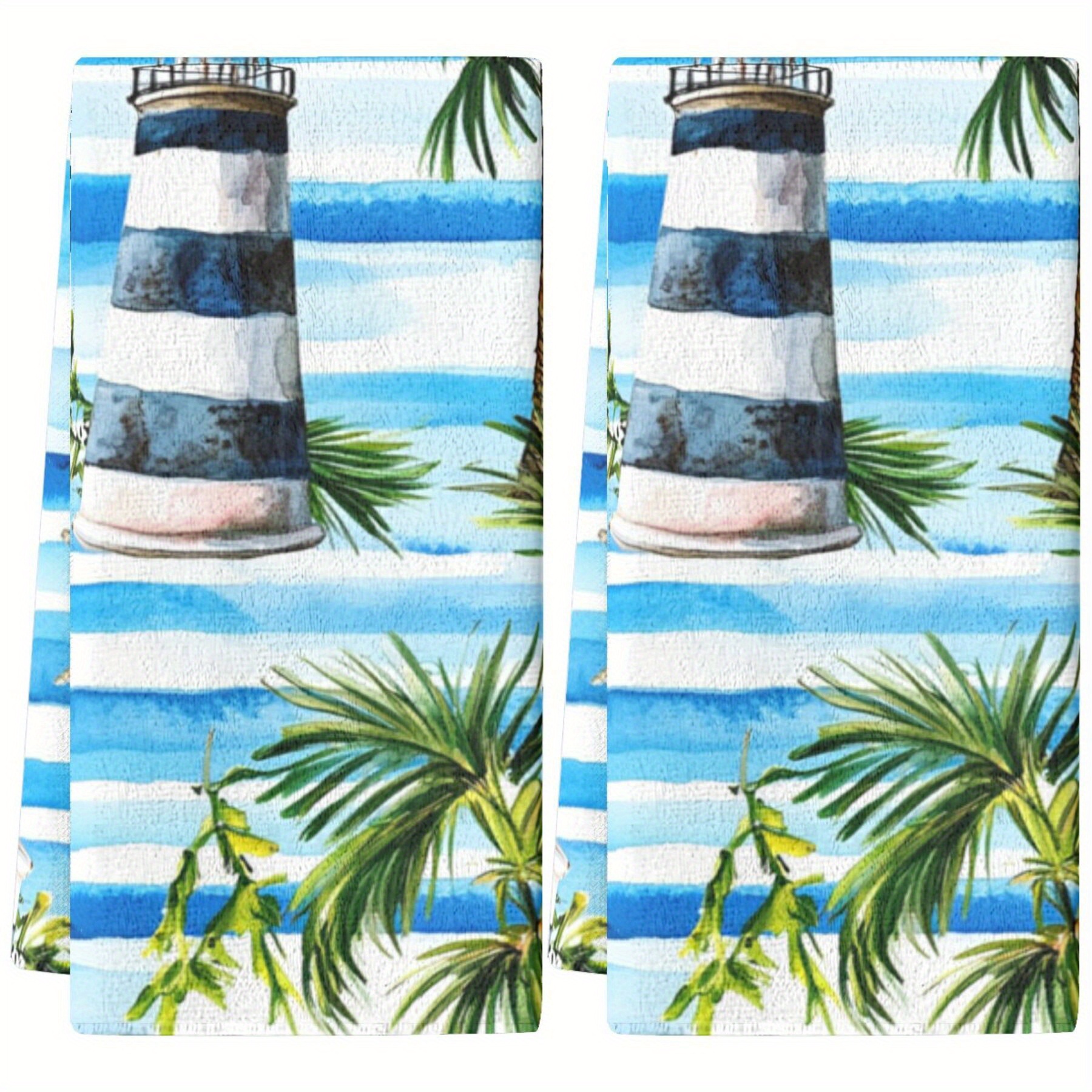 2pcs tropical lighthouse & palm tree kitchen towels - absorbent polyester dish cloths with nautical and  , ideal for home decor and housewarming gifts, hand wash only details 0