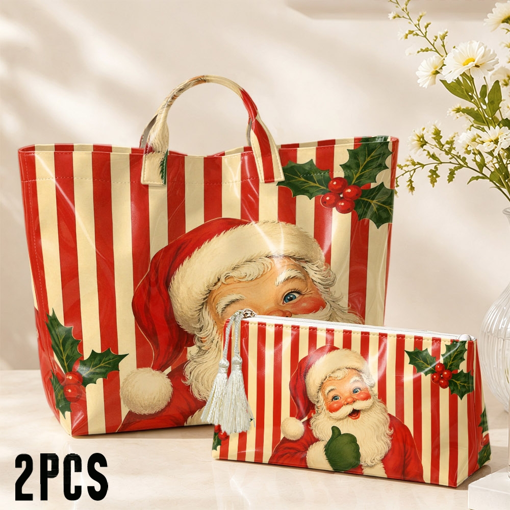 TEMU 2pcs Set Hand Tote Bag And Makeup Pouch With Vertical Stripe, Vintage Santa Claus And Print, For Style, Holiday Gift , Gift Sorting And Travel