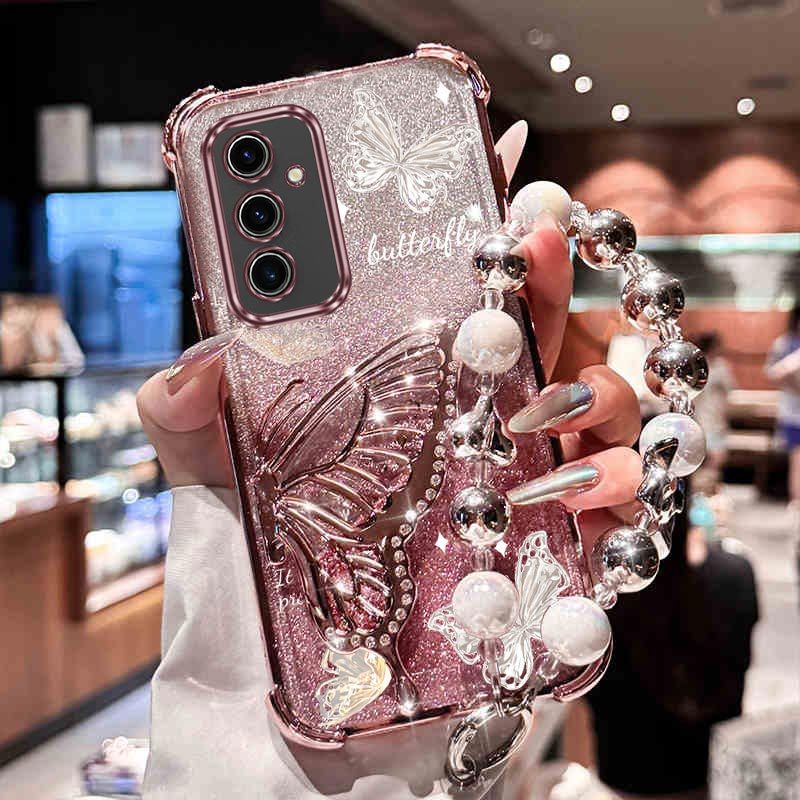 

Pearl Wrist Strap Glitter Luxury Phone Holder Case On For S24 Fe Anti-knock Stand Back Cover