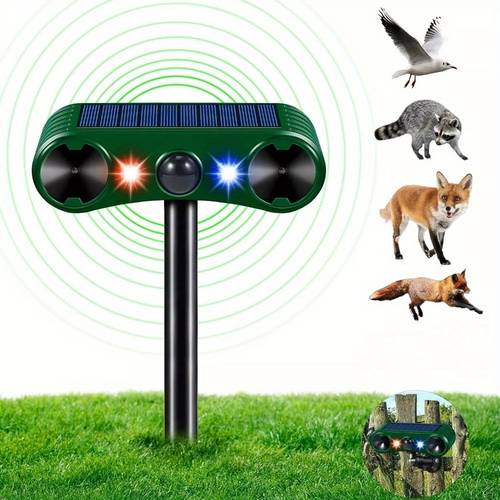 solar powered ultrasonic animal lent for outdoor use pir sensor red blue flashing lights to deer squirrels raccoons rabbits from yards gardens outdoor spaces