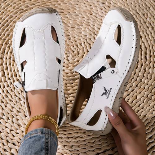 womens handmade wide last sandals pu leather round toe zipper sneakers with hollow sole breathable soft sole outsole suitable for walking sports casual wear wide width toe box hand sewn durable footwear
