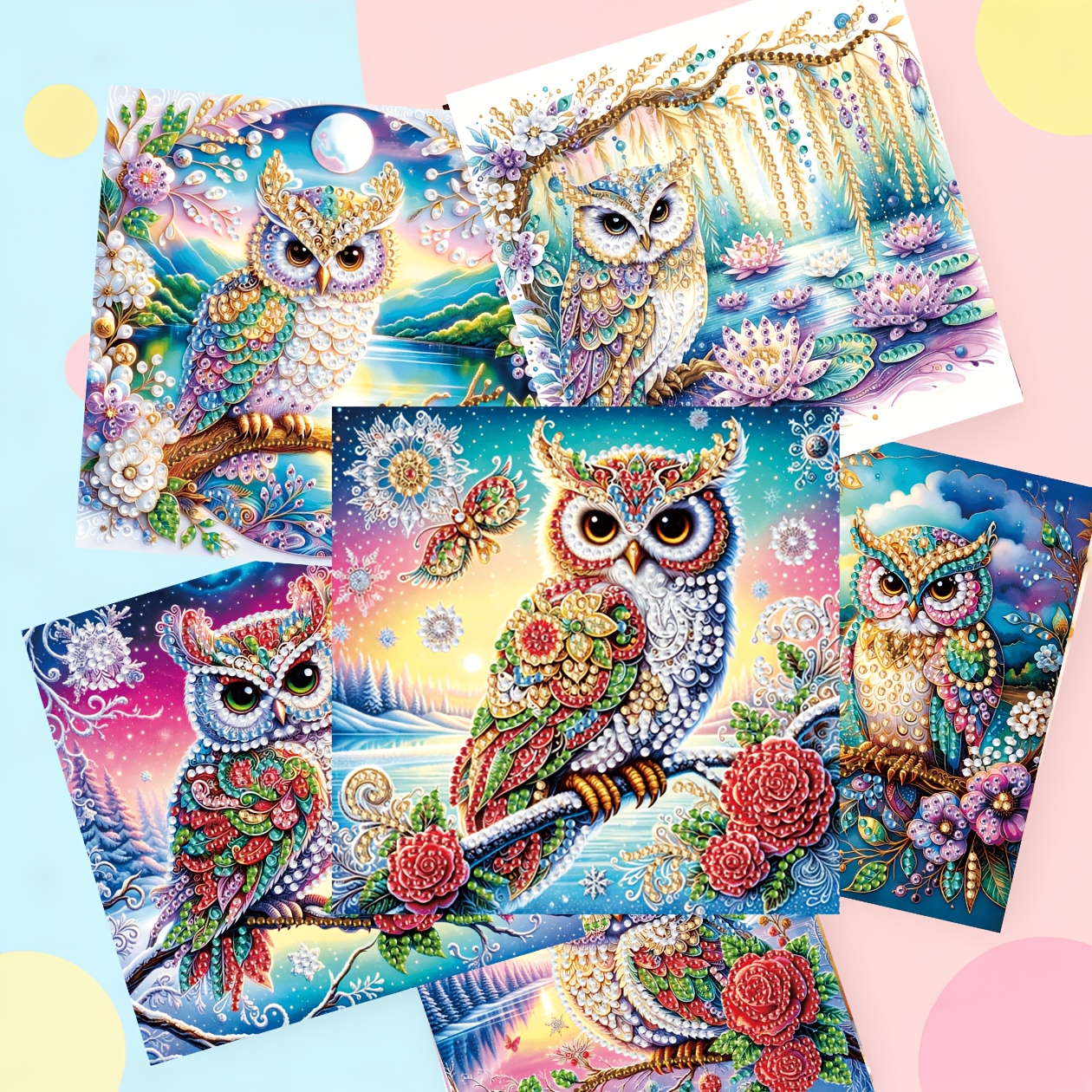 TEMU 6pcs Diamond Painting Owl-themed Greeting Card Set, Handmade Holiday Cards With Envelopes, Irregular Rhinestone Art Crafts, Suitable For Holiday