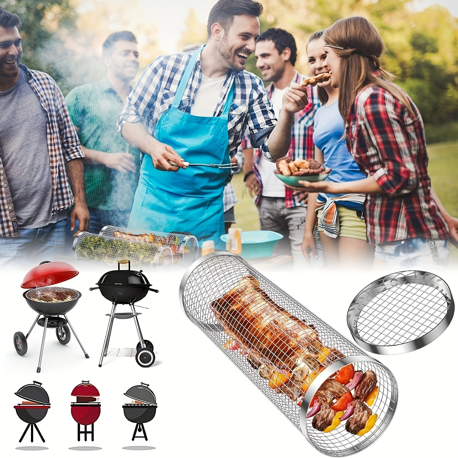 A Portable Cylindrical Stainless Steel Grill for Outdoor Camping, Featuring a Rotating And Rolling Barbecue Basket, a Barbecue Stand, And a Circular Stove Suitable for Camping And Picnics, Ideal for Outdoor Cooking