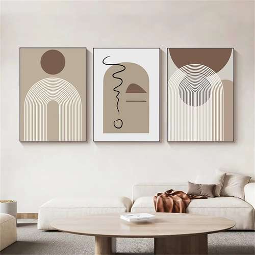 Quadro Moderno Bohémien 3 Pezzi 40x60 Cm | Stampe Su Tela Astratte Con Sole E Linee Geometriche, Decorazione Da Parete Beige E Nero Per Soggiorno