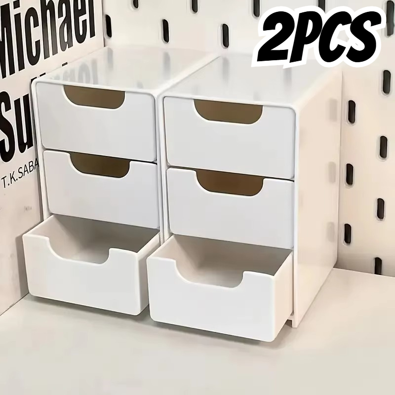 TEMU 2pcs Boîte de Rangement en Plastique à 3 Niveaux avec Tiroirs - Organisateur Multifonctionnel pour Bijoux, Cosmétique & Fournitures de Bureau,