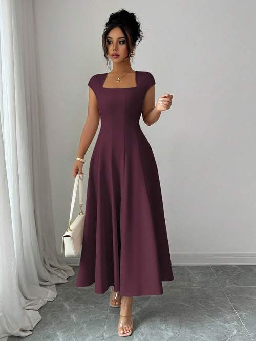 womens elegant solid neck waist cinching flared a line short sleeve midi dress for daily casual vacation festivals christmas dresses