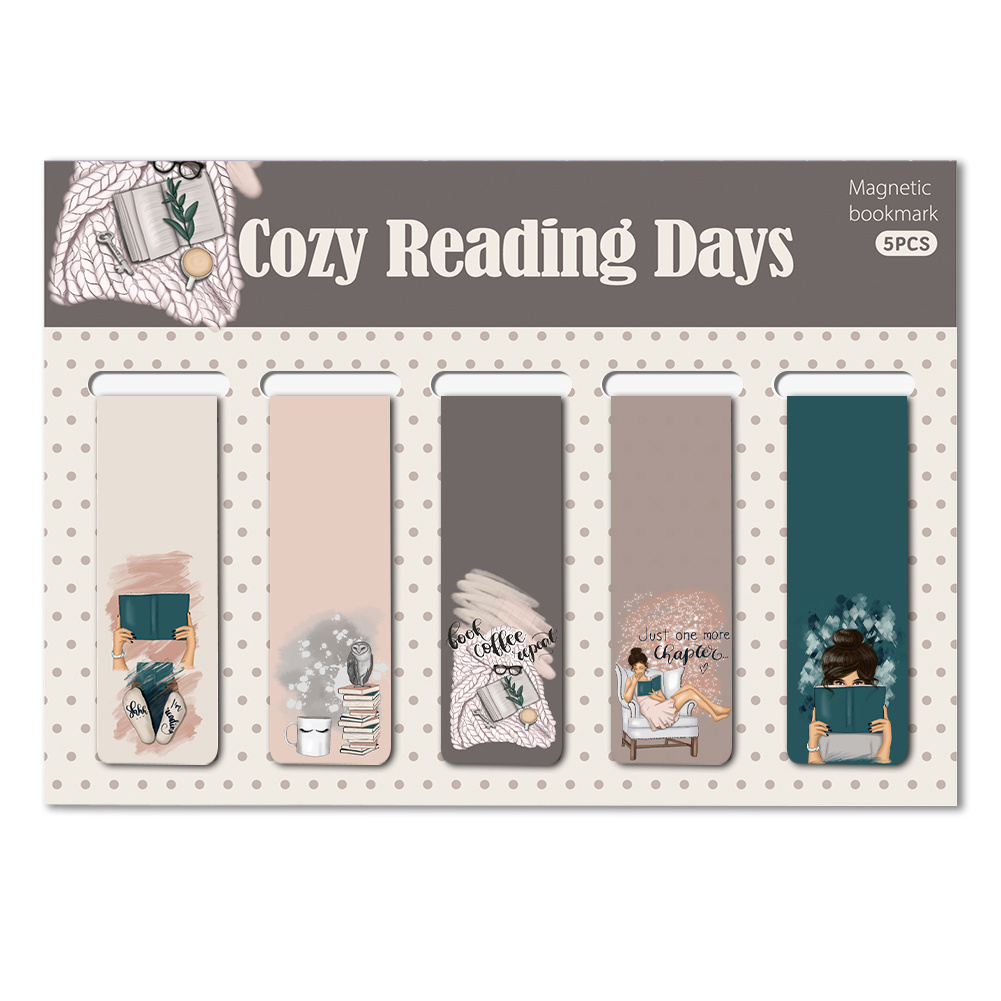 TEMU Set Of 5 Comfortable Reading Magnetic Bookmarks Featuring Minimalist Illustrations Of A Girl With Books And Coffee, Stylish Page Markers For