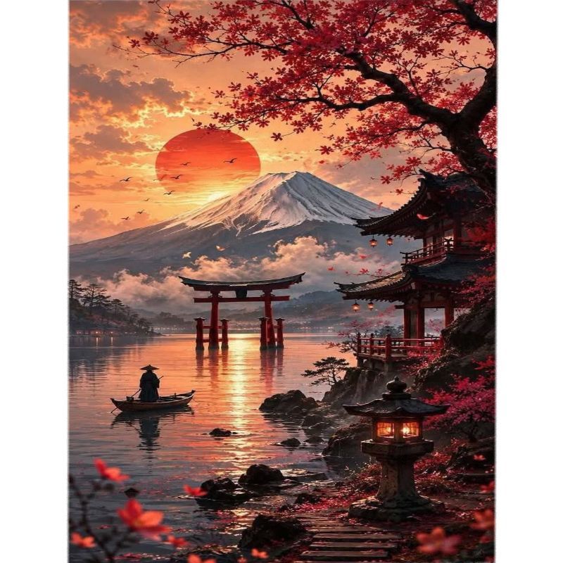 TEMU Kit de Peinture Diamant Paysage Mosaïque Rond Complet, Art de la Peinture Paysage Érable Rouge Torii Zen Japonais, Convient aux Débutants pour