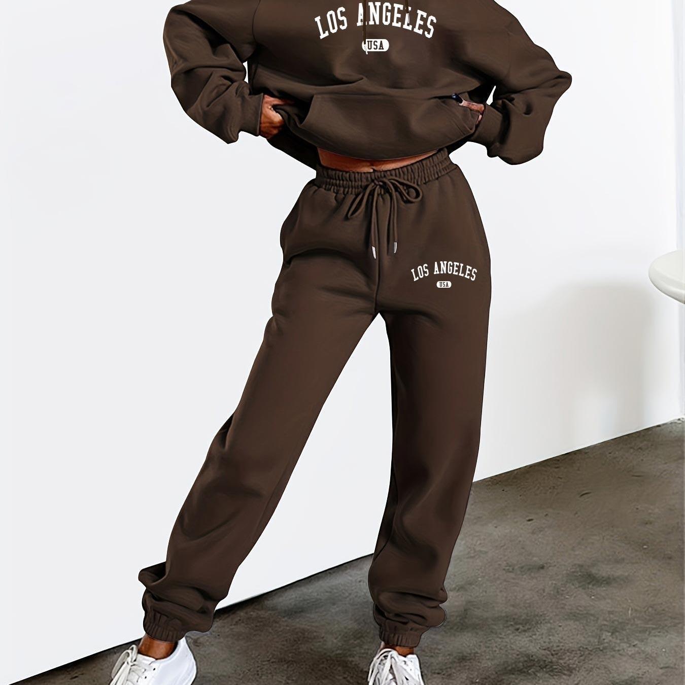 

1set Women's Los Angeles Letter Print Sweat Suit, Polyester 100 Neck Pullover With Drawstring Jogger Pants, Alphabet Pattern, Knit Fabric, Casual Sports Set