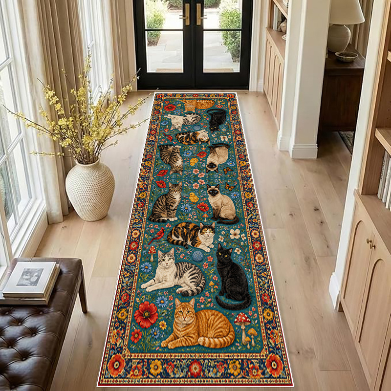 TEMU 1pc Vintage Cat And Floral Pattern Flannel Long Carpet, Multiple Sizes , 100% Polyester Fiber, 2d Printing Non-slip Machine Washable Runner Rug