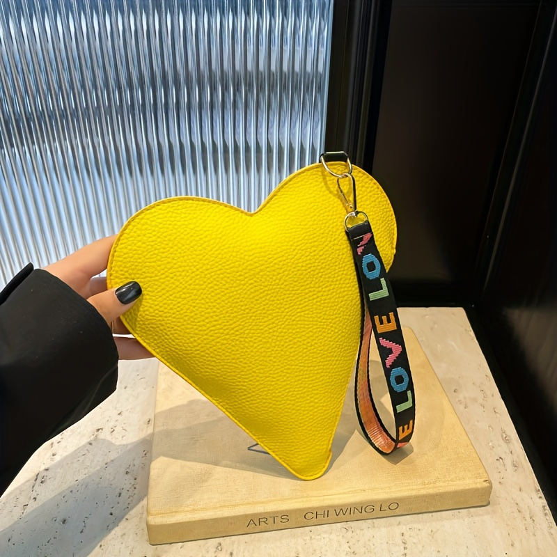 TEMU Fashion Heart-shaped Mini Clutch For Women - Candy-colored Coin Purse With Wristlet, Stylish Zipper Card Holder & Key Pouch, Perfect Valentine's Day Gift, Split Leather, Edge Painted, Do Not Wash