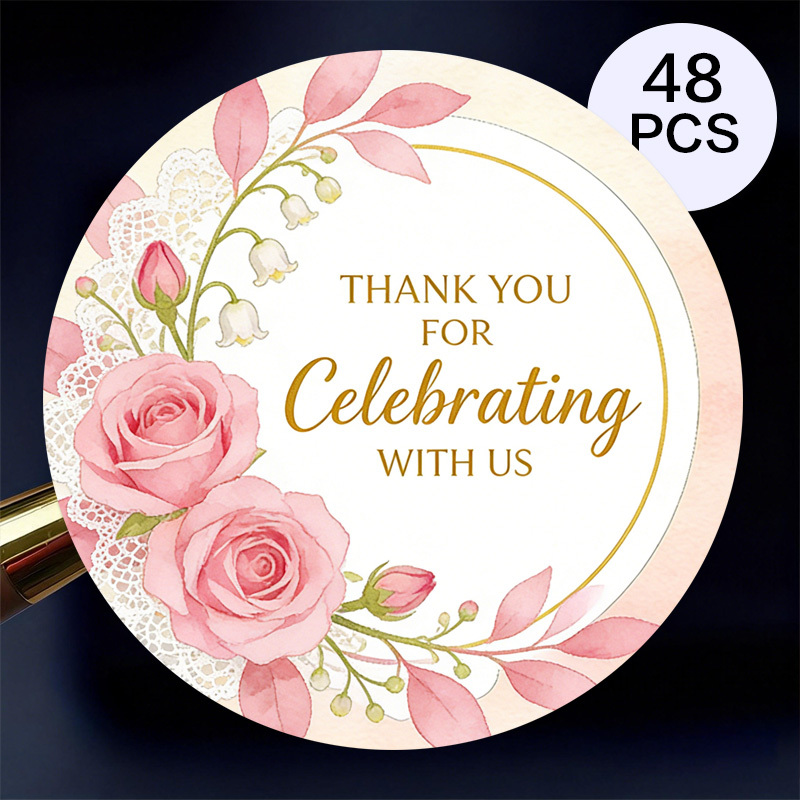 TEMU 48pcs "thank You For Celebrating With Us" Round Stickers, Watercolor Pink Rose & Lily Of The Valley With Lace & Design, Elegant Golden Cursive