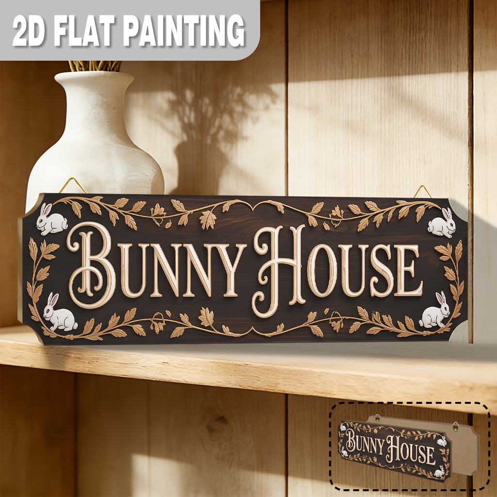 TEMU 2d Flat, 1pc 1pcs Rabbit Hutch Wall Decor - Wood Horizontal Hanging Sign Suitable For Easter, Ramadan, Mother's Day Decoration, Rabbit-themed