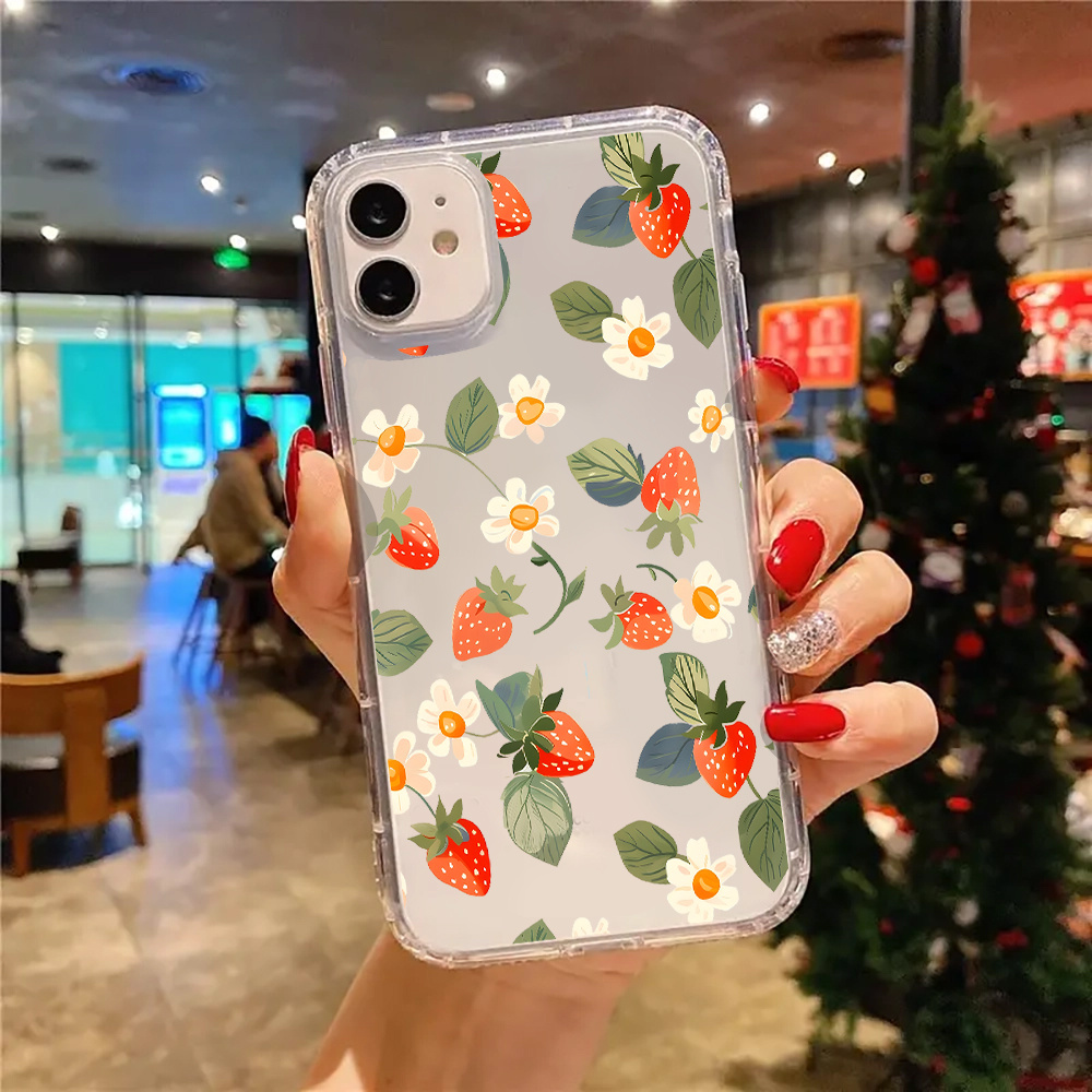 TEMU Phone Case: Transparent Strawberries Flower Aesthetic Clear Phone Case For Iphone 16 11 15 14 13 12 Pro Max Xr Plus Case Transparent Phone Cover