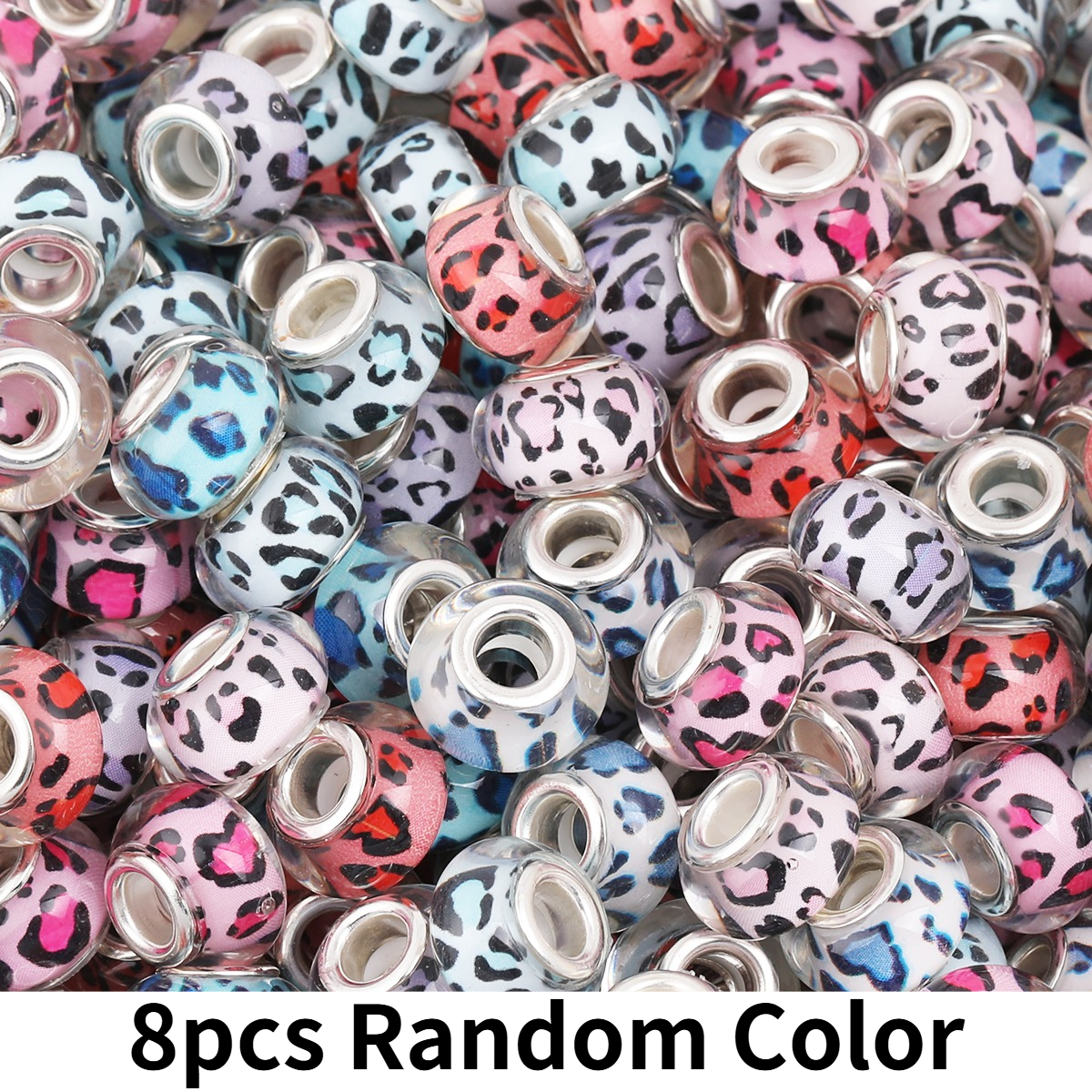 TEMU 2d Flat - 8pcs Random Color Leopard Print Large Hole Acrylic Beads, 9 X 14mm Flat Round Straight Hole Loose Beads For Handmade Craft Supplies