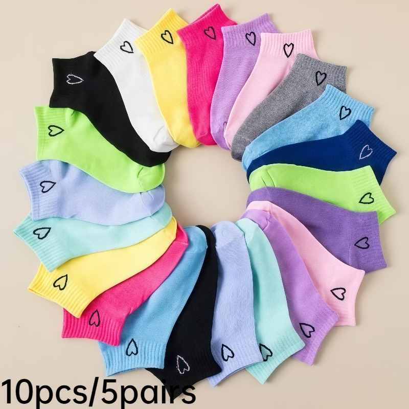 TEMU 10 pièces/5 paires, couleur aléatoire, chaussettes pour femme à motif cœur pour la Saint-Valentin - Plusieurs couleurs disponibles, douces et