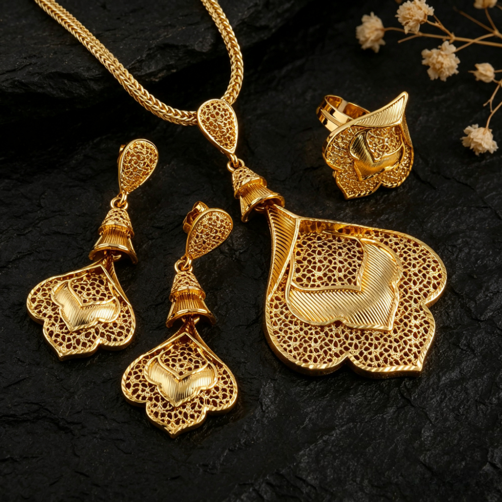 TEMU Stainless Steel Gold-plated Jewelry Set, Hollow Floral Necklace With Hanging Earrings, Luxurious Dubai Arabic Style Women's Saudi Wedding