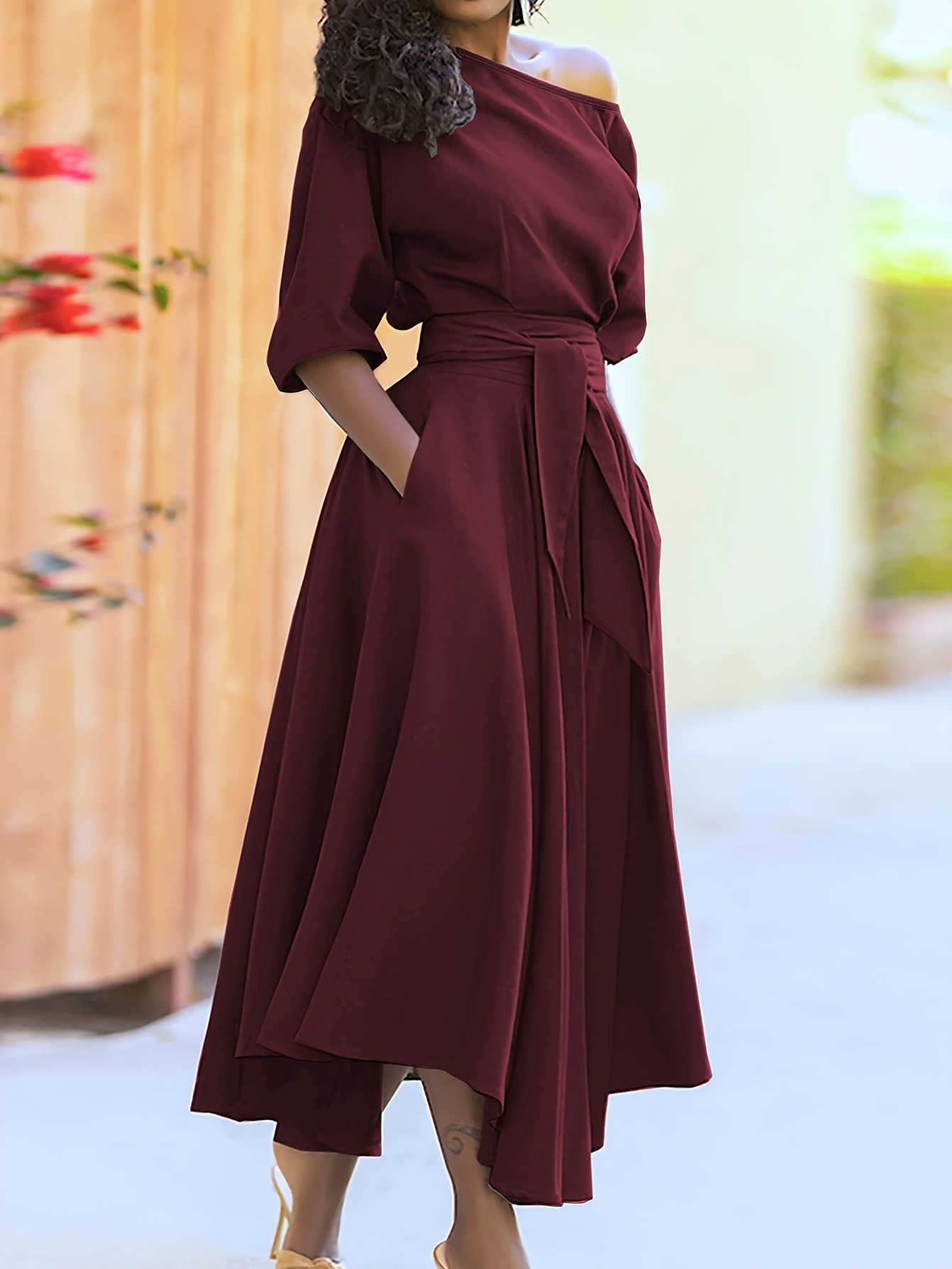 womens elegant maroon formal party dress asymmetrical one Temu