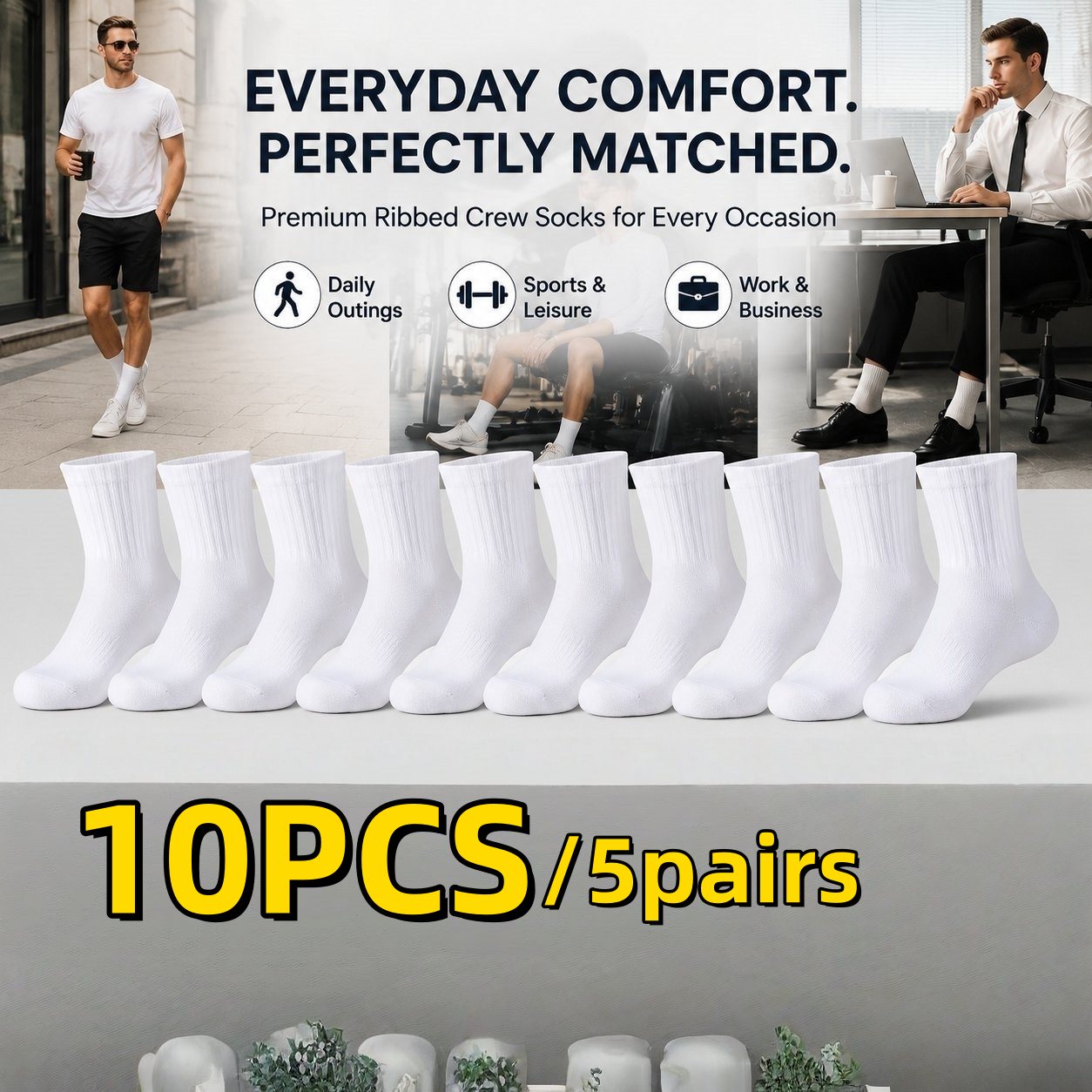 TEMU 10pcs/ 5 Pairs White Athletic Casual Socks, Elastic Ribbed Cuff, Arch Support, Moisture-wicking & Breathable Design, Durable Mid-calf Socks For