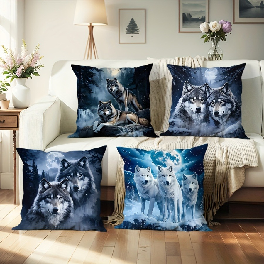 TEMU 4 Winter Nordic Wolf King Pillowcases, Suitable For Festivals And Parties, Multi-element Combination, Traditional Style, Zipper Single-sided