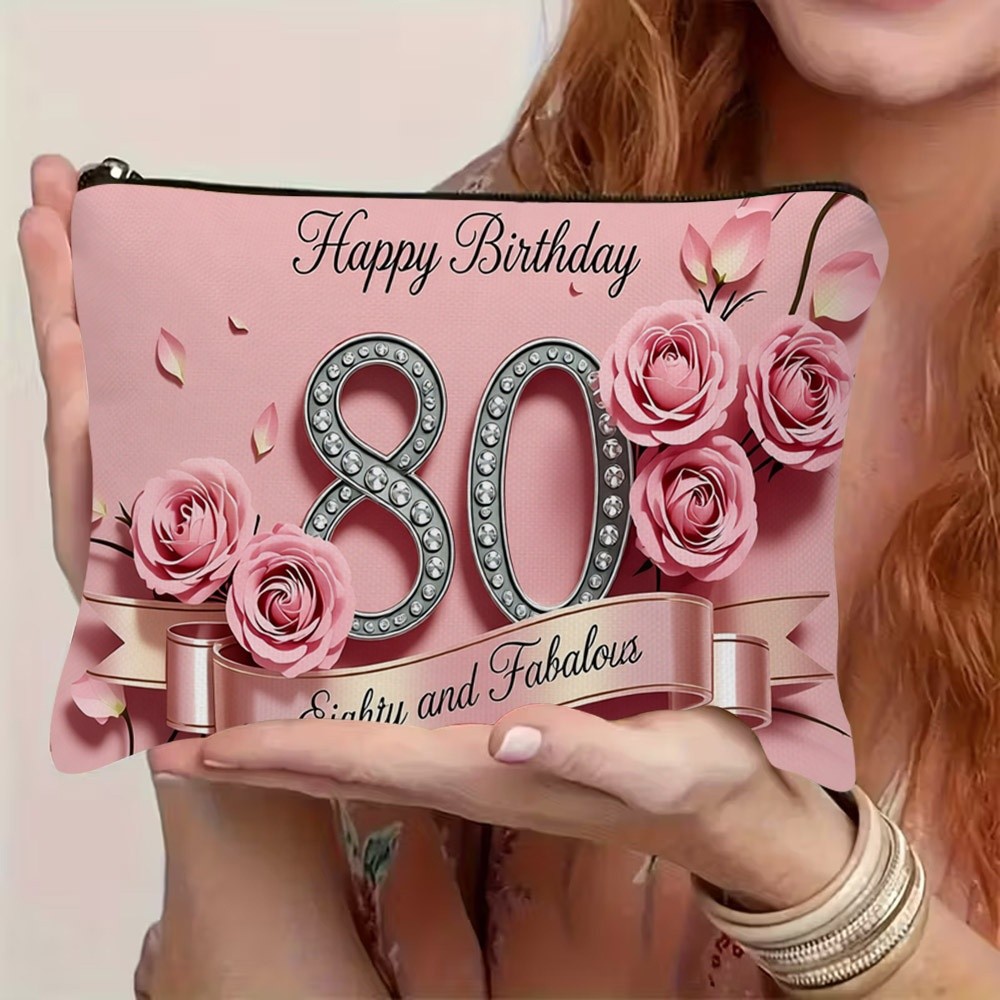 TEMU Pink 80th Birthday Themed Cosmetic Bag, Polyester Makeup Pouch With Sparkling Rhinestone-style Number 80, Rose & Petal Print, 22cm X 15cm / 8.7