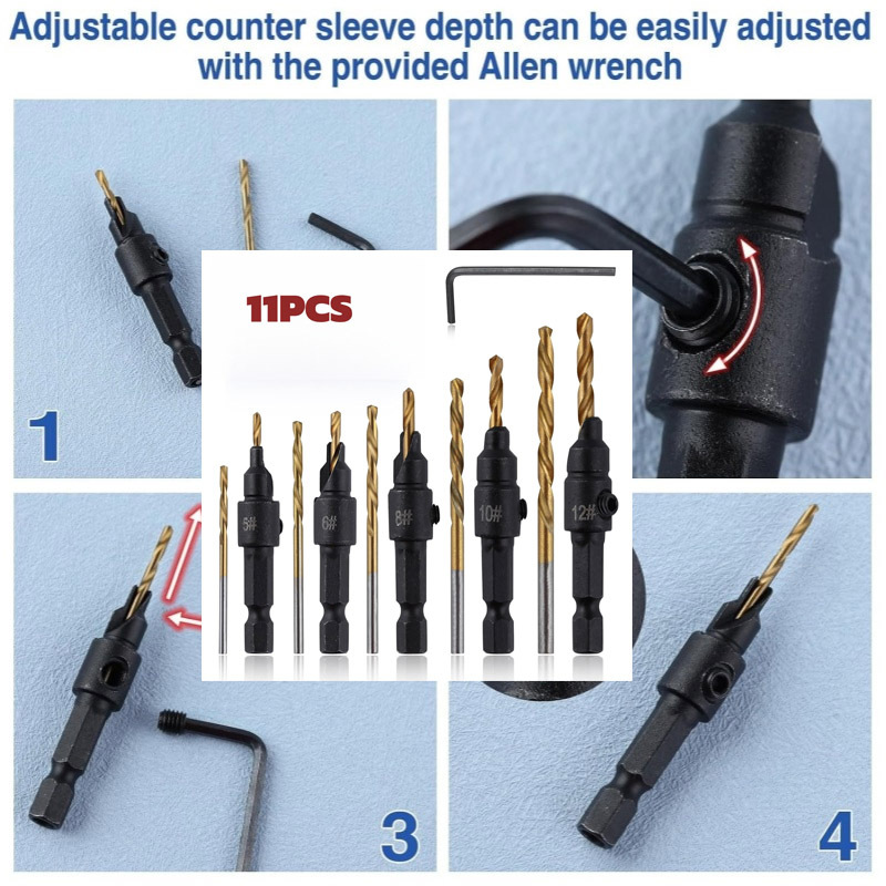 TEMU Gecoate Multifunctionele Zeshoekige Handgreep Hoge Kwaliteit Houtbewerkings Verzinkkop Bit Set - Specificatie Inclusief 5, 6, 8, 10, 12 Mm Maten