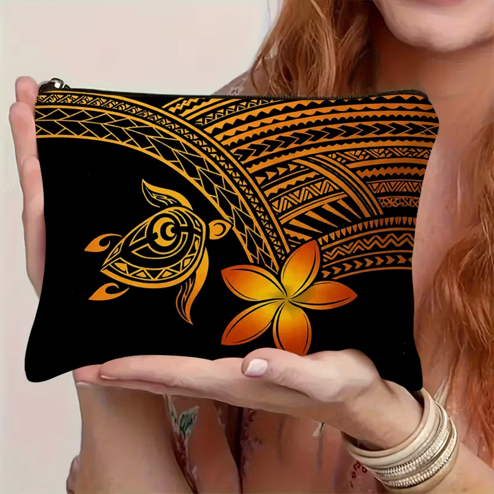 TEMU 1pc 2d Flat Printed Cosmetic Bag - Black Background With Intricate Golden - Orange Polynesian Tribal Patterns, Tribal Sea Turtle & Gradient