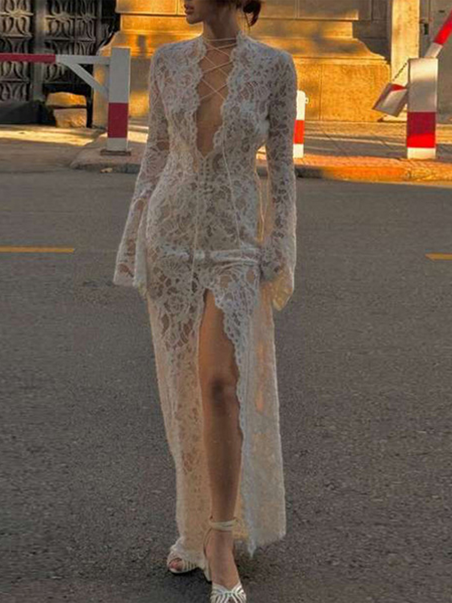 Elegant Sheer Lace Maxi Dress Women Long Sleeve V neck - Temu