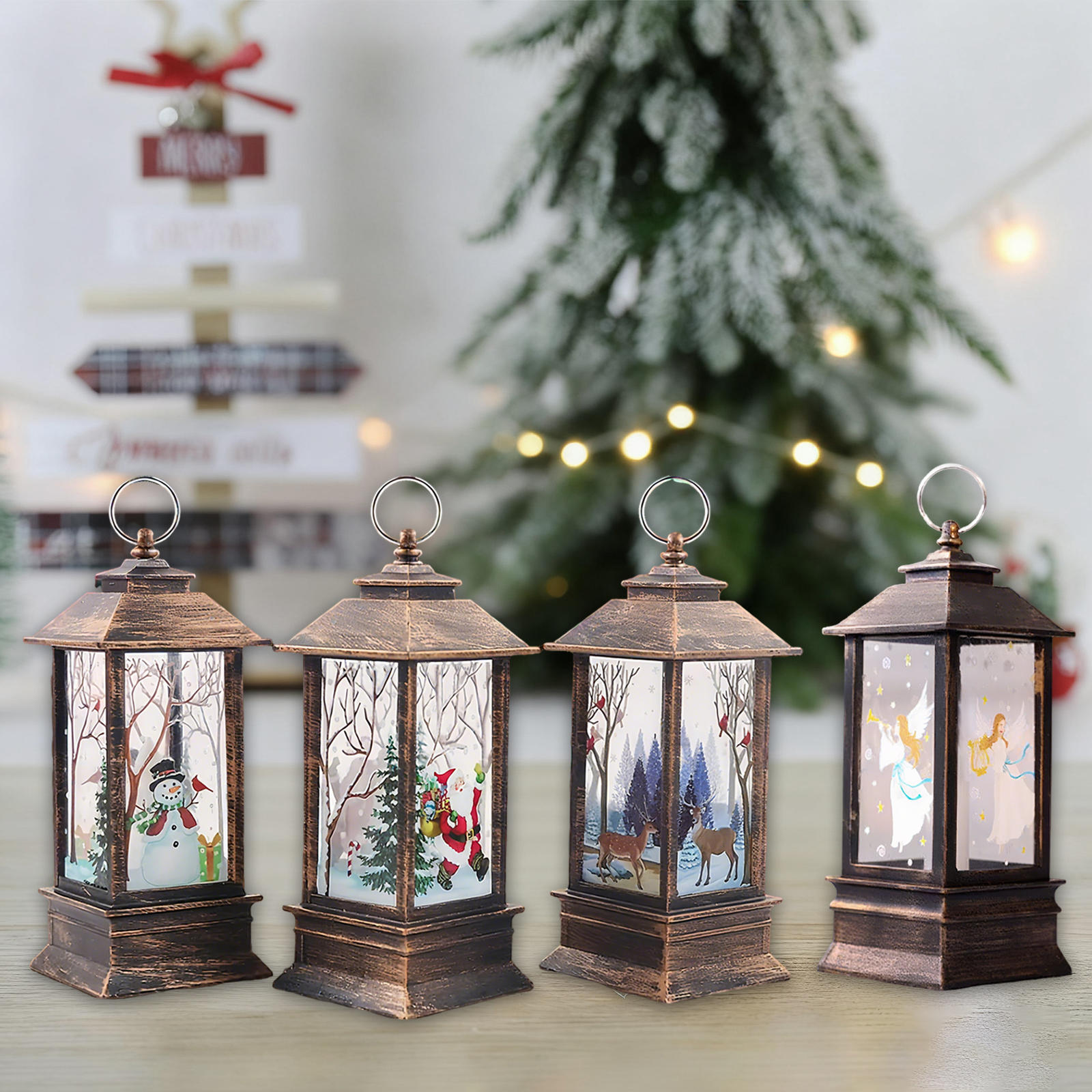 TEMU 4pcs Set Of Christmas Lanterns, Christmas Decorations-includes 4 Different Designs: Snowman, Santa Claus, Reindeer, And . Designed For Indoor