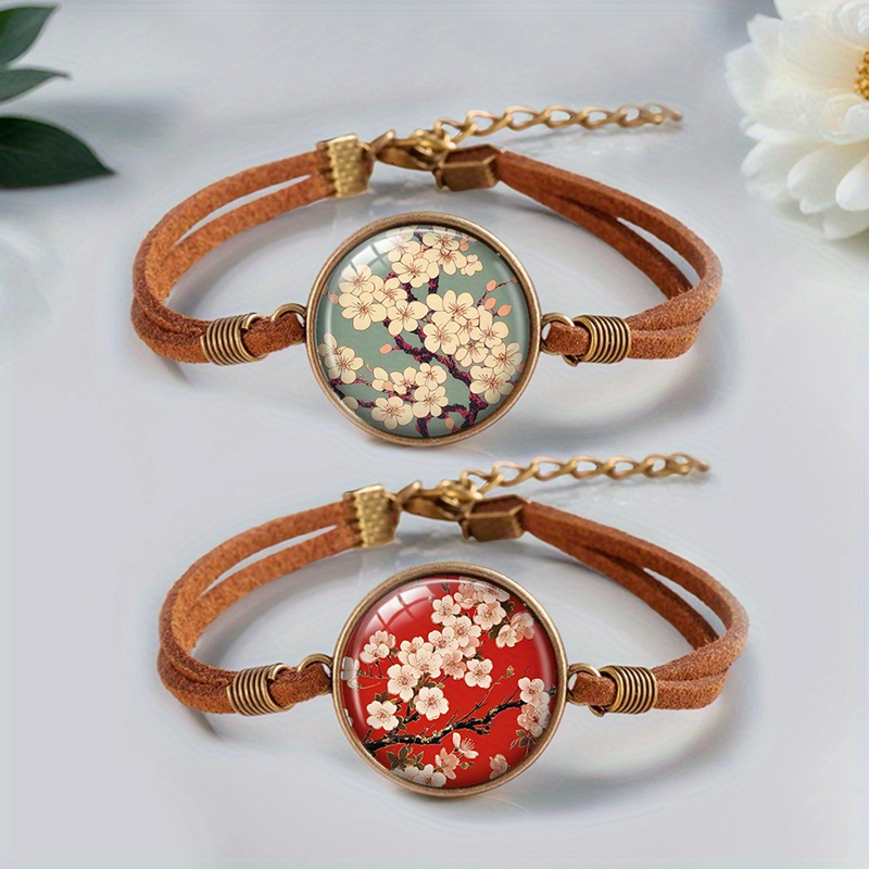 E-shop 2er-Set Japanische Kirschblüten Armreif, handgefertigtes Glas-Cabochon-Armband, Herrenschmuck